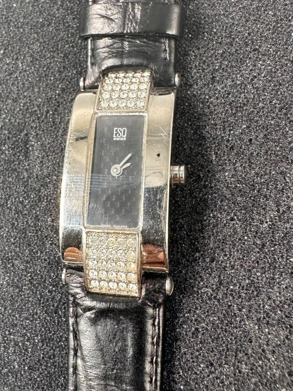 ESQ Watch Women Silver Tone Crystal Accents Black Leather Band New Battery
